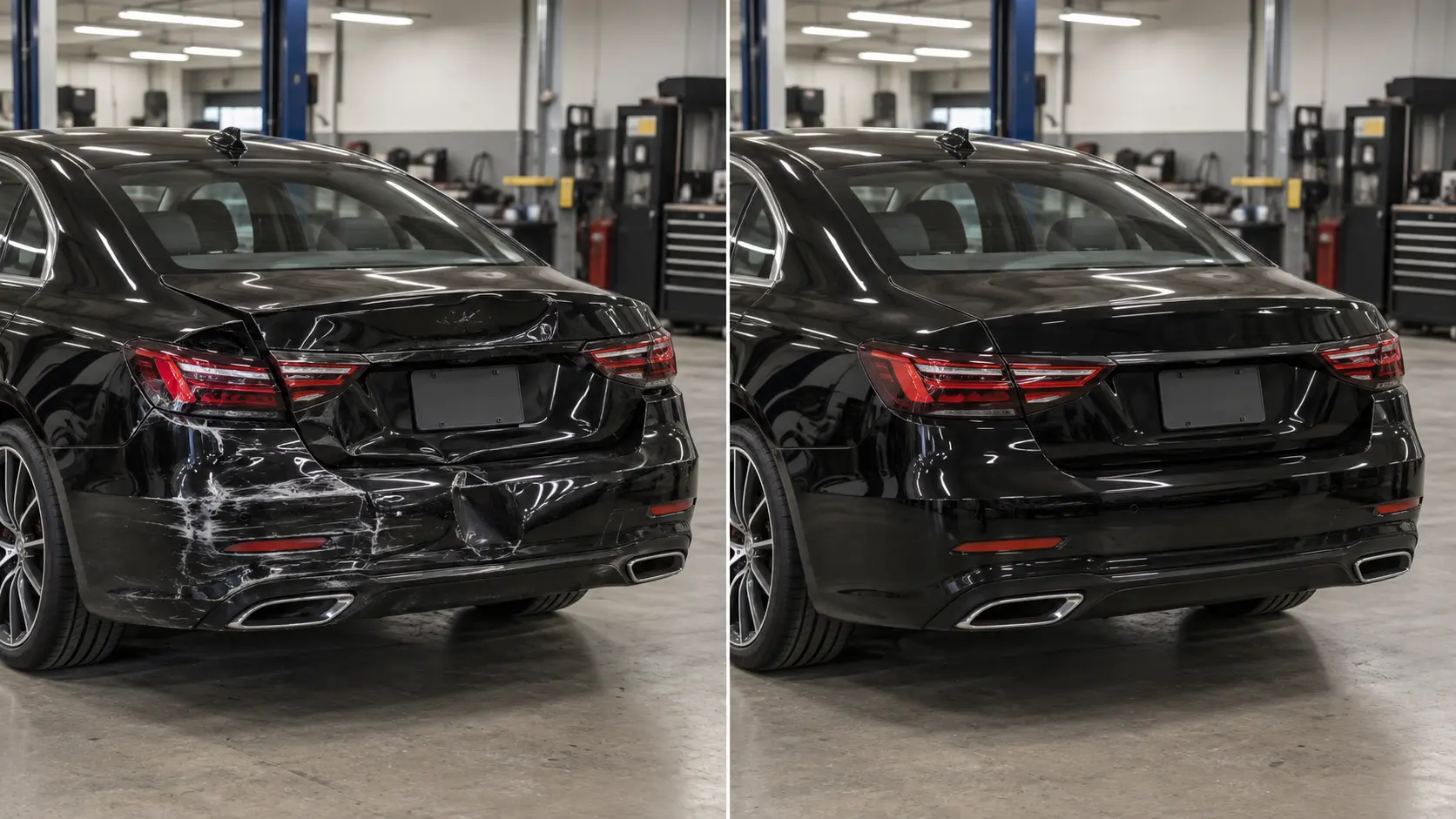 Black sedan with rear impact damage before repair, and repaired rear bumper and body after repair, side by side