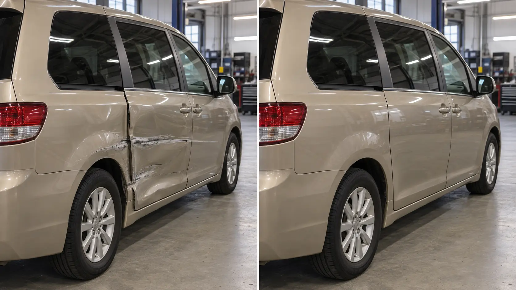 Gold minivan with scraped and dented sliding door and quarter panel before repair, and repaired side after repair, side by side