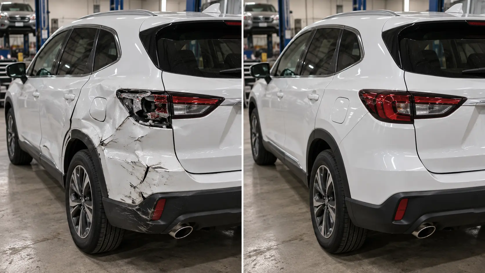 White SUV with damaged rear quarter panel and broken taillight before repair, and restored panel after repair, side by side