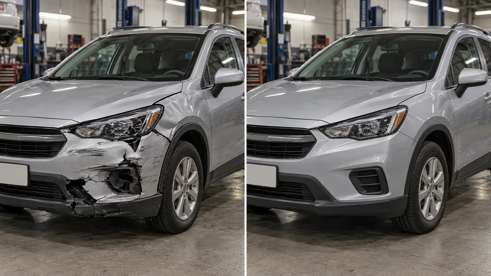 Silver SUV front bumper and fender damage before repair, and restored front end after repair, side by side
