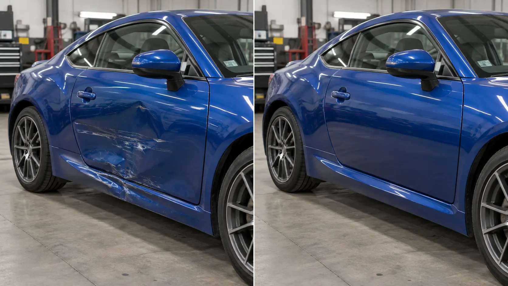 Blue coupe with dented and scraped driver door before repair, and refinished door after repair, side by side