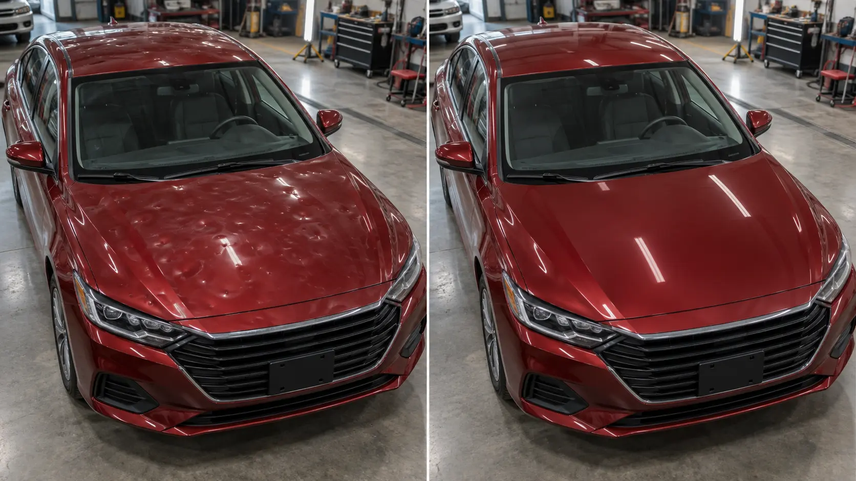 Red sedan hood covered in hail dents before repair, and smooth restored hood after repair, side by side