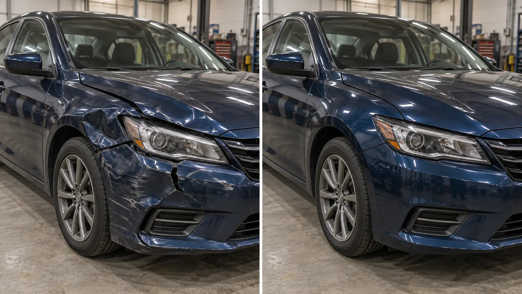 Dark blue sedan with crushed front fender and bumper damage before repair, and finished front end after repair, side by side